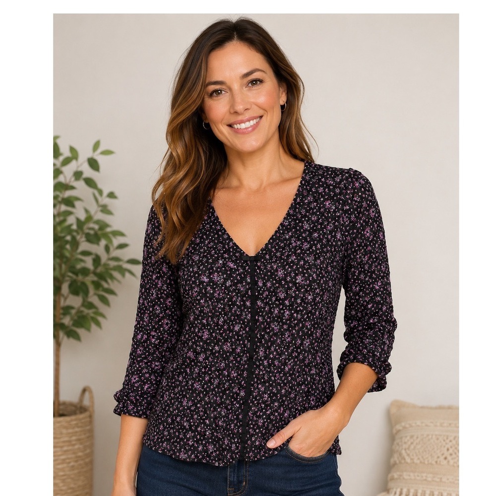 INC International Large Purple Black Floral Textured Mesh Y2K Top V-Neck stretch